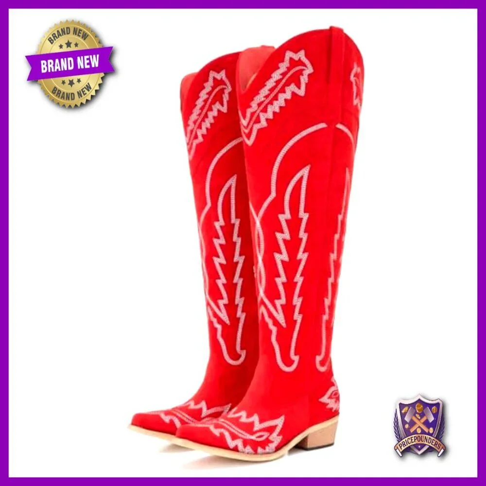 Western Cowgirl Boots Over the Knee Wide Calf Plus Size Mid Heel